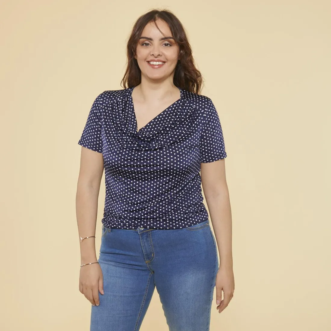 T-shirt manches courtes imprimé pois bleu marine