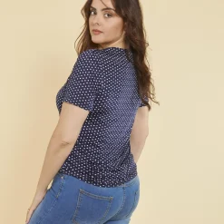 T-shirt manches courtes imprimé pois bleu marine