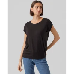T-shirt Regular Fit Col rond Manches courtes Longueur regular noir en coton Alia