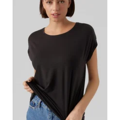 T-shirt Regular Fit Col rond Manches courtes Longueur regular noir en coton Alia
