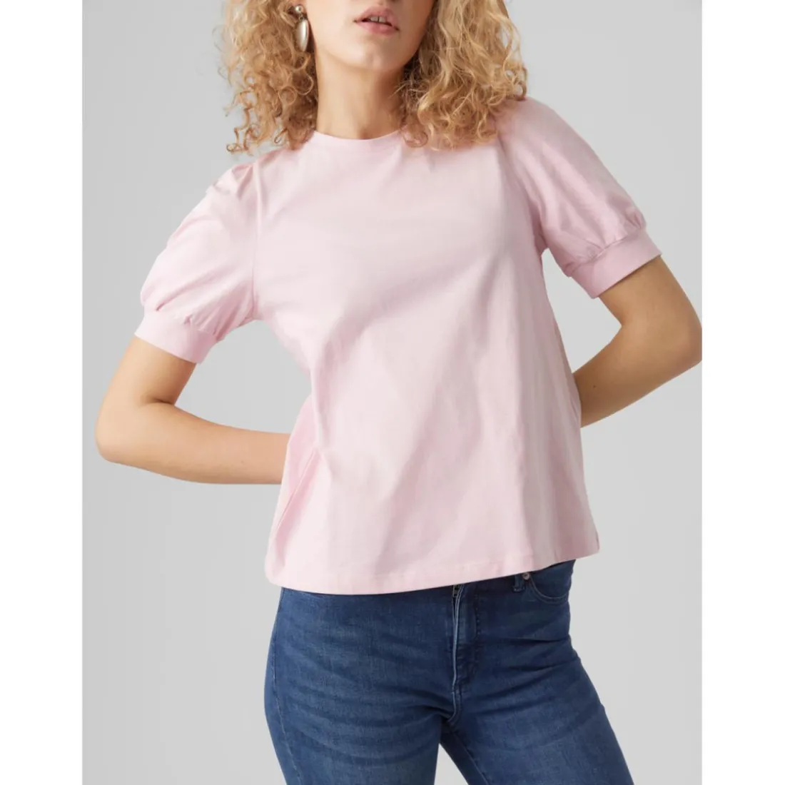 T-shirt Regular Fit Col rond Manches courtes rose en coton Ines