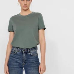 T-shirt Regular Fit Col rond Manches courtes Longueur regular vert en coton Mia