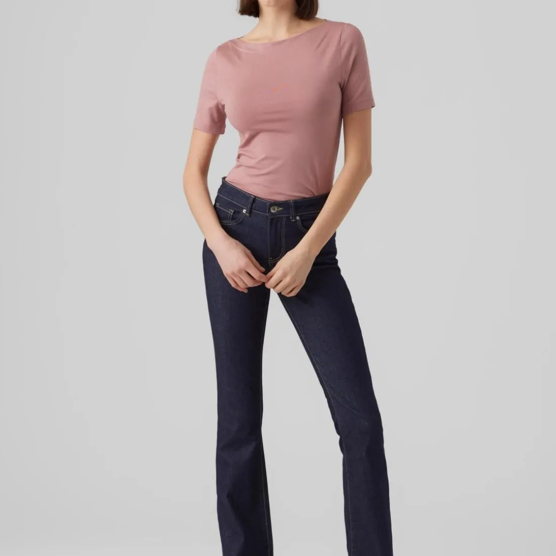 T-shirt Slim Fit Col bateau Manches courtes Longueur regular rose en coton modal