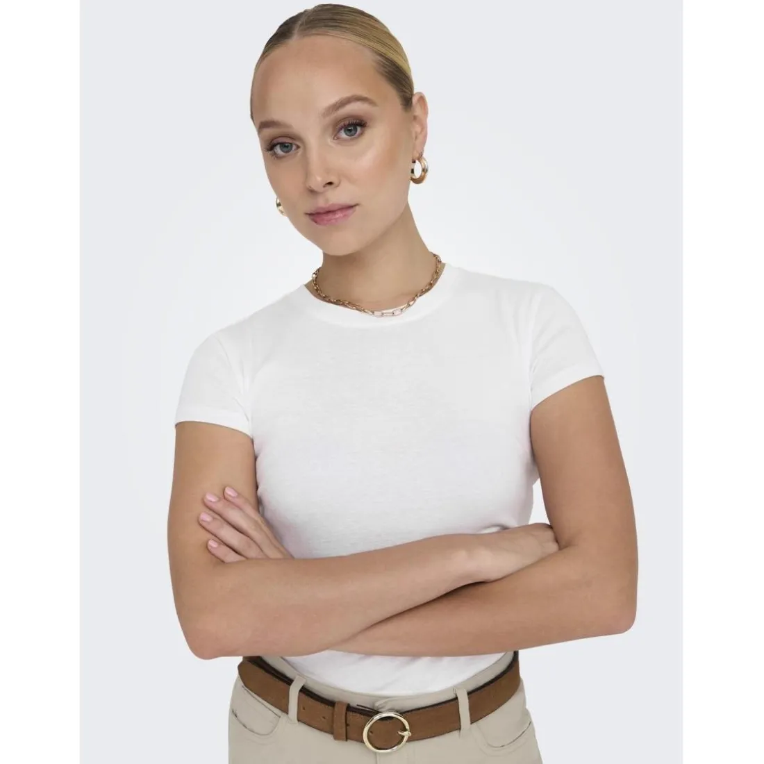T-shirt tight fit col rond manches courtes blanc en coton Tia