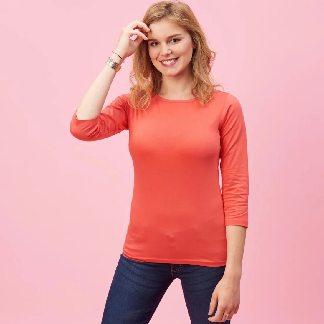 T-shirt uni à manches 3/4 - Rose orange en coton