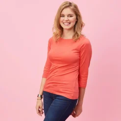 T-shirt uni à manches 3/4 - Rose orange en coton