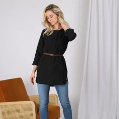 Tunique unie asymétrique manches 3/4 et ceinture femme - Noir