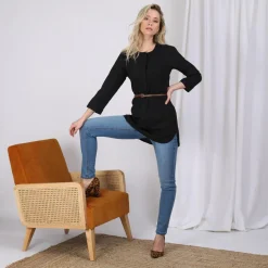 Tunique unie asymétrique manches 3/4 et ceinture femme - Noir