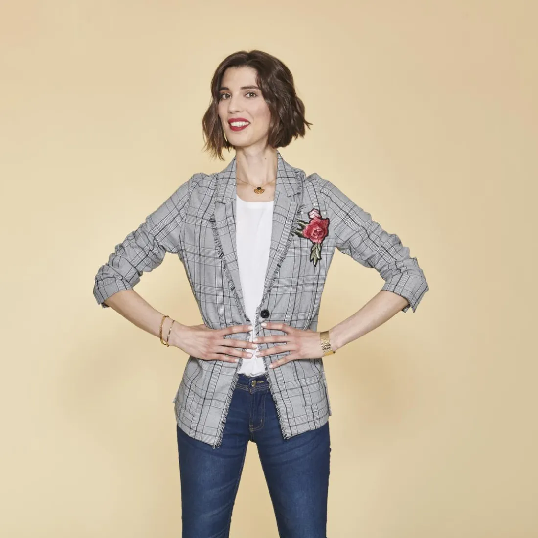 Veste à carreaux manches longues franges et broderie femme - Carreaux Noir
