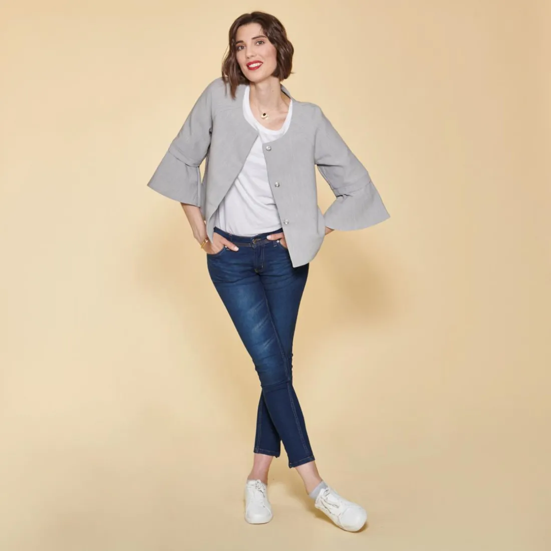 Veste à pressions manches 3/4 évasées femme - Gris Chiné Clair