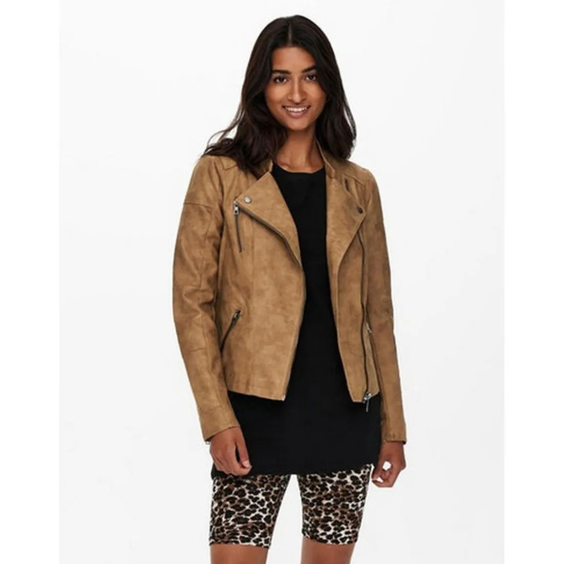 Veste de motard en simili-cuir Col motard Manches longues marron
