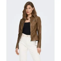 Veste de motard en simili-cuir marron