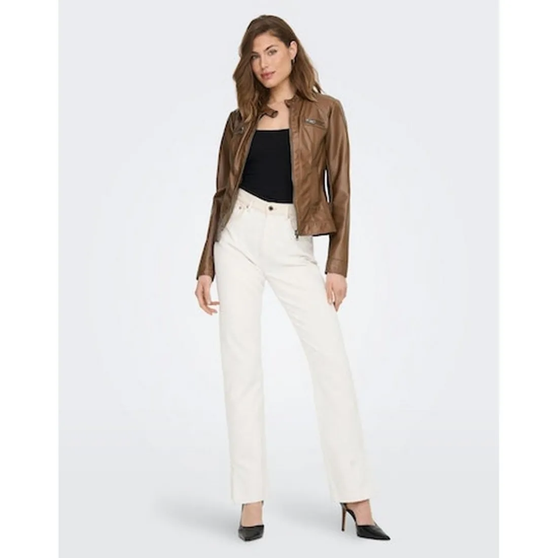 Veste de motard en simili-cuir marron