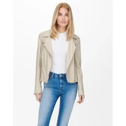 Veste de motard en simili-cuir beige