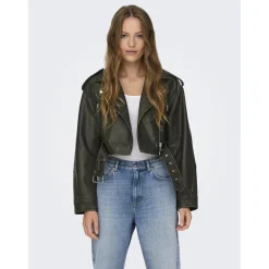 Veste de motard en simili-cuir court col motard noir Ella
