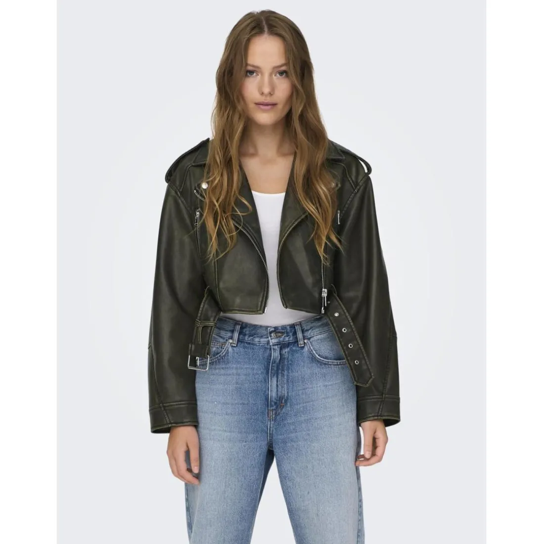 Veste de motard en simili-cuir court col motard noir Ella