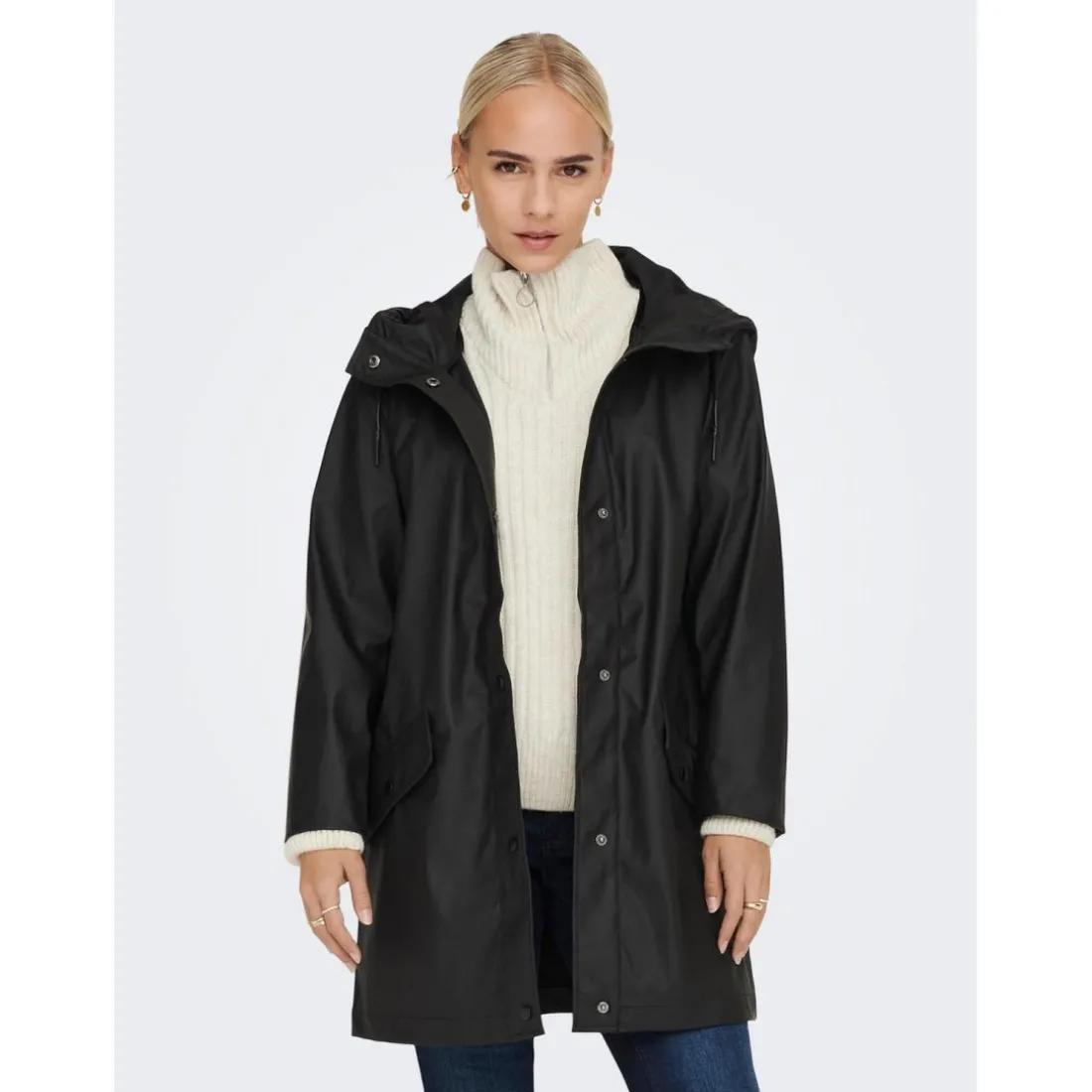 Veste de pluie Imperméable à l'eau Capuche Cordon de serrage à l'ourlet noir