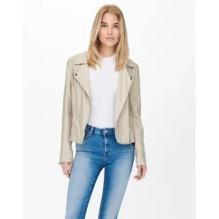Veste en cuir synthétique court col à revers gris clair Ines