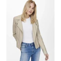 Veste en cuir synthétique court col à revers gris clair Ines