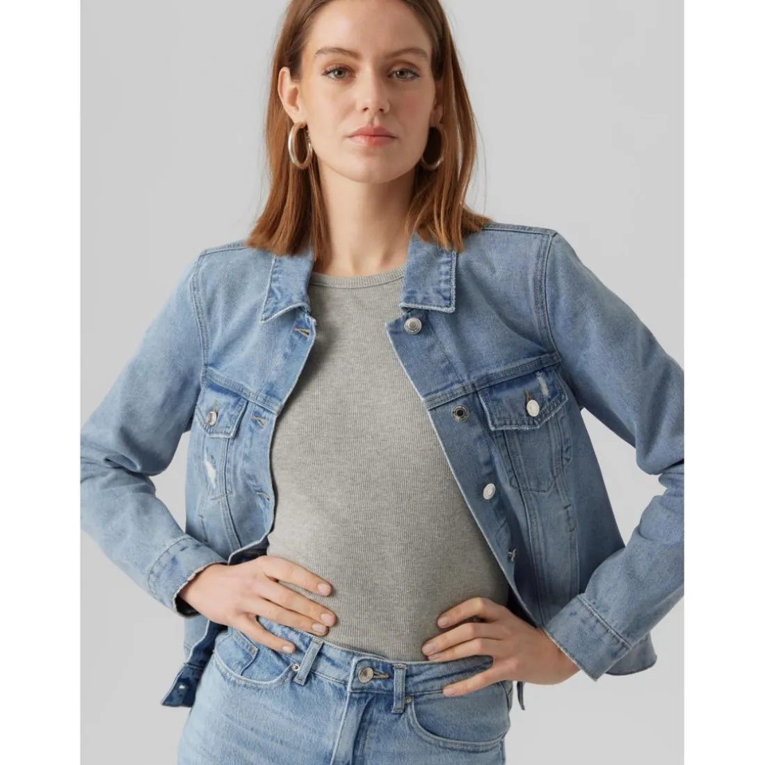 Veste en jean Col en V Manches longues bleu Gail