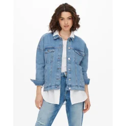 Veste en jean Col en V Manches longues Poignets boutonnés bleu