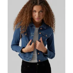 Veste en jean Col italien Manches longues bleu Hattie