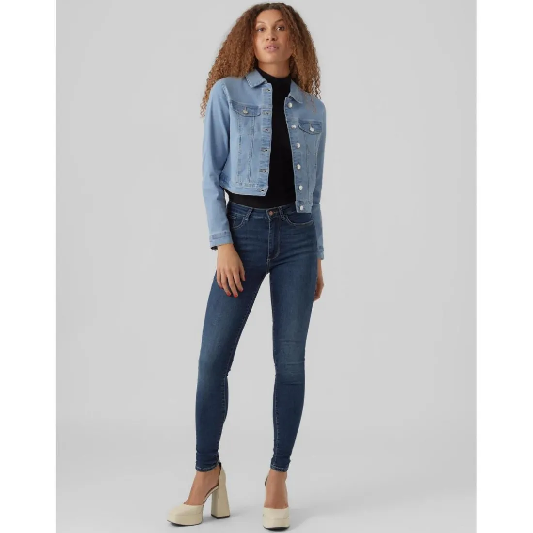 Veste en jean Col italien Manches longues bleu Nia