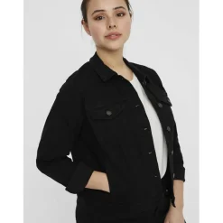 Veste en jean fermeture par bouton court poignets boutonnés col italien manches classiques manches longues noir Ula