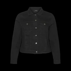 Veste en jean fermeture par bouton court poignets boutonnés col italien manches classiques manches longues noir Ula