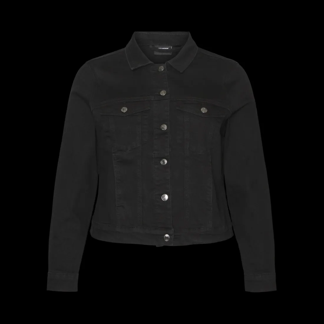 Veste en jean fermeture par bouton court poignets boutonnés col italien manches classiques manches longues noir Ula