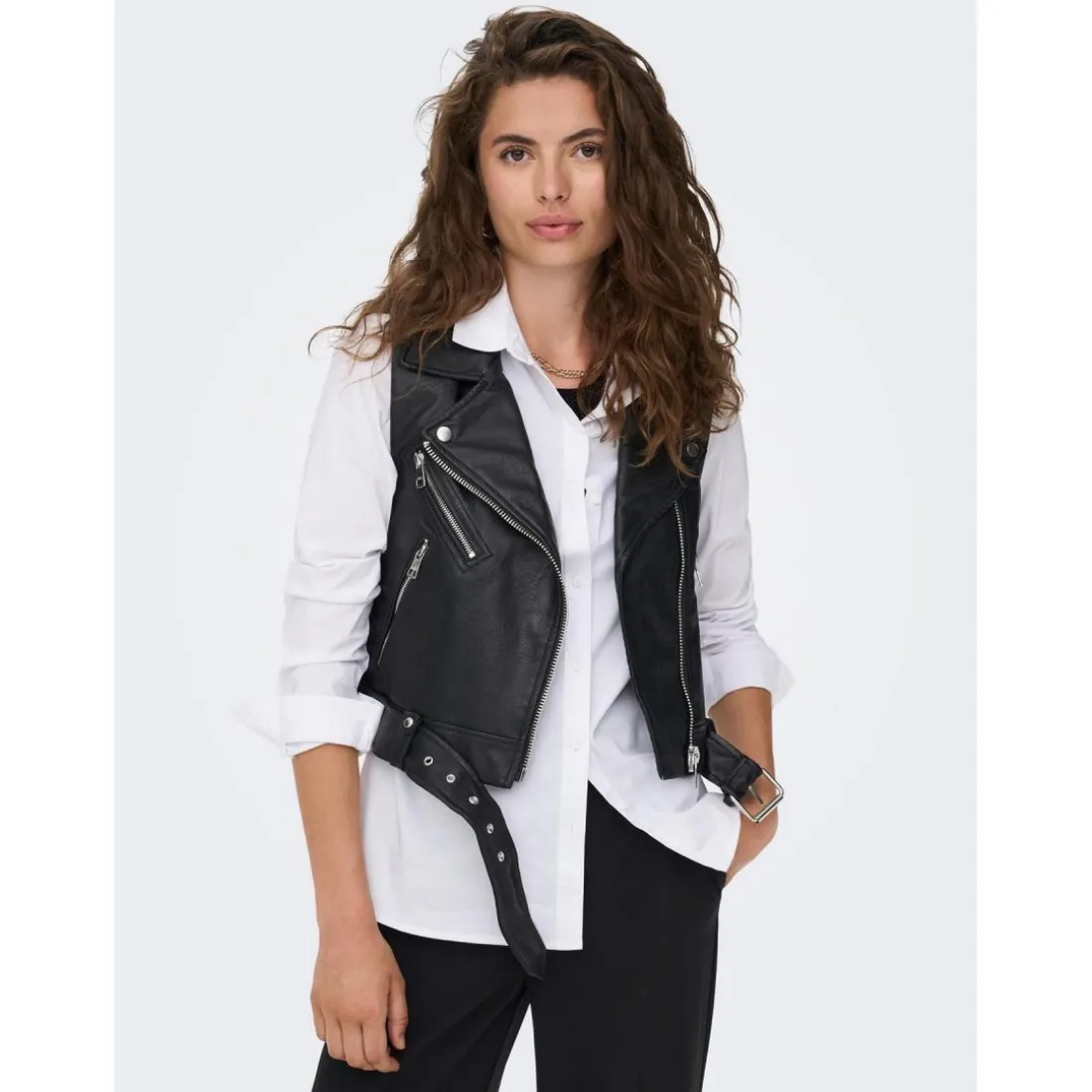Veste en similicuir Col motard Sans manches noir