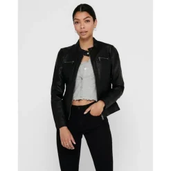 Veste en similicuir Col motard Manches longues Détail matelassés noir Trix