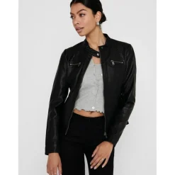 Veste en similicuir Col motard Manches longues Détail matelassés noir Trix