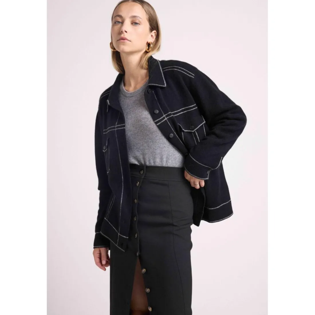 Veste oversize cachemire JADE noir et coutures grises