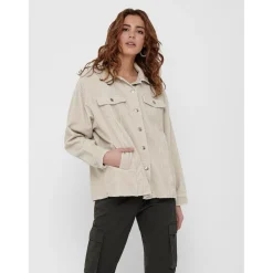 Veste-chemise longue Col italien Manches longues beige en coton