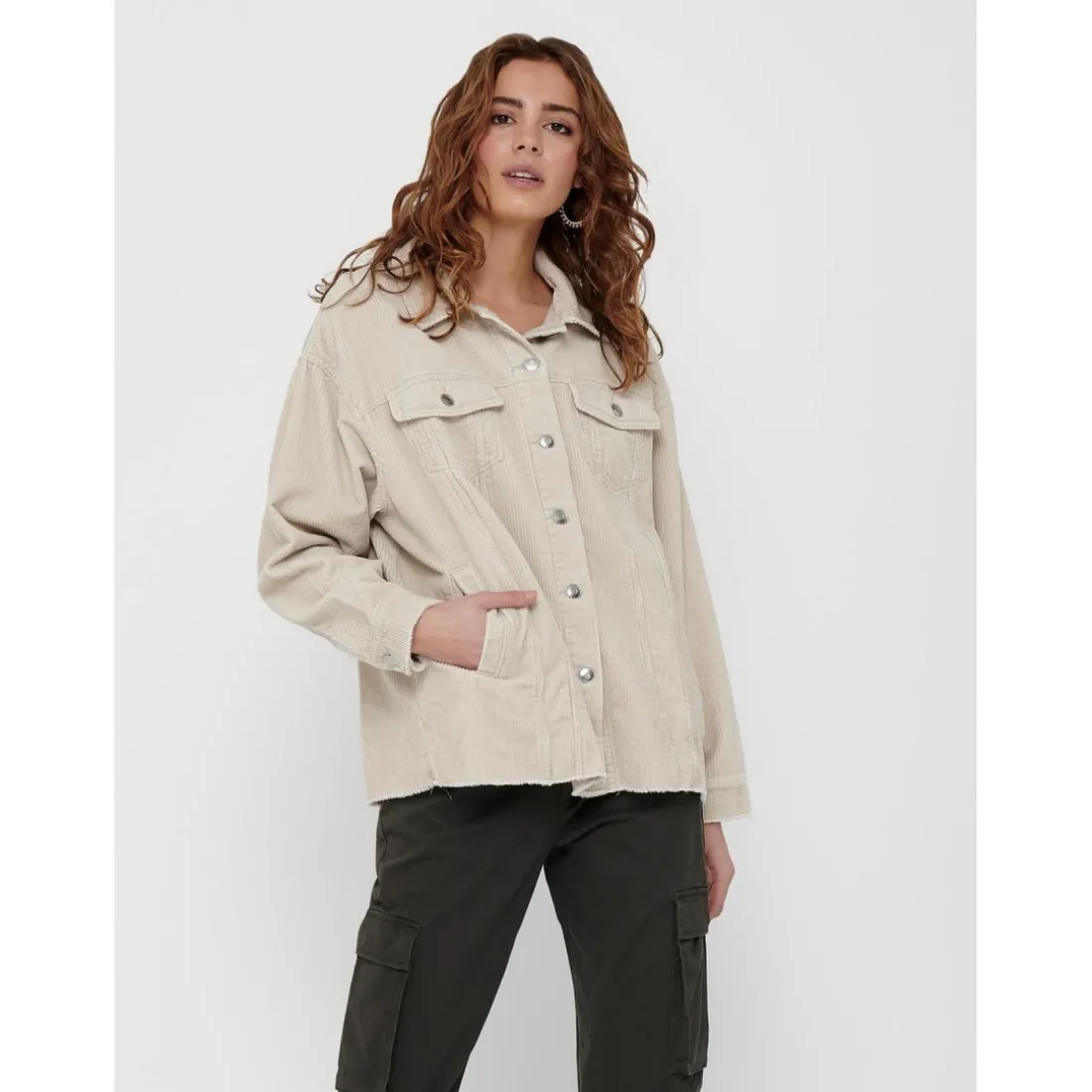 Veste-chemise longue Col italien Manches longues beige en coton
